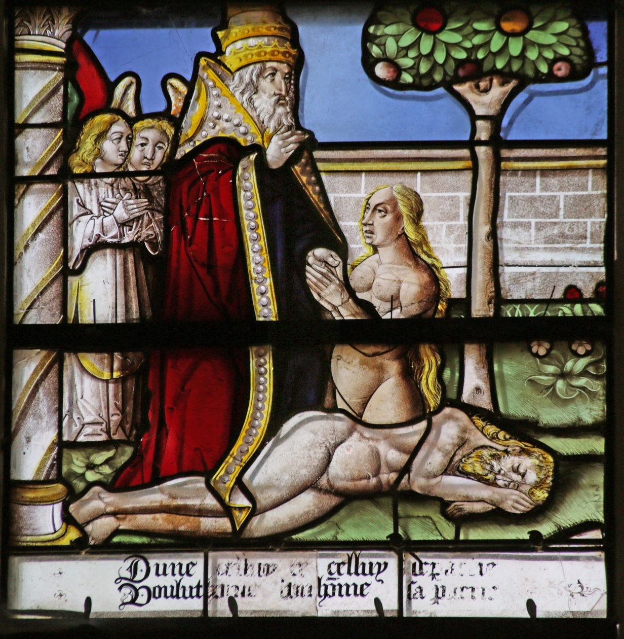 Fenster mit Darstellung der Erschaffung Evas von French School