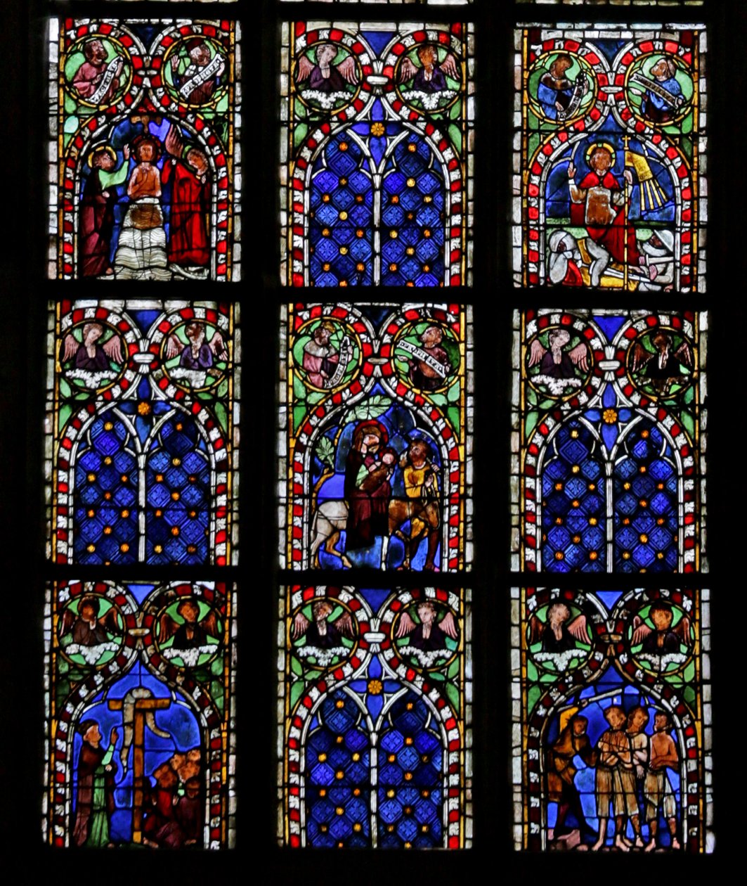 Fenster mit der Jordan-Taufe, der Auferstehung, der Flucht nach Ägypten, der ehernen Schlange, Gideon von French School