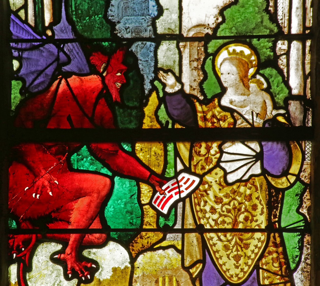 Fenster, das die Jungfrau Maria darstellt, die den Pakt des Theophilus vom Teufel zurückholt von French School