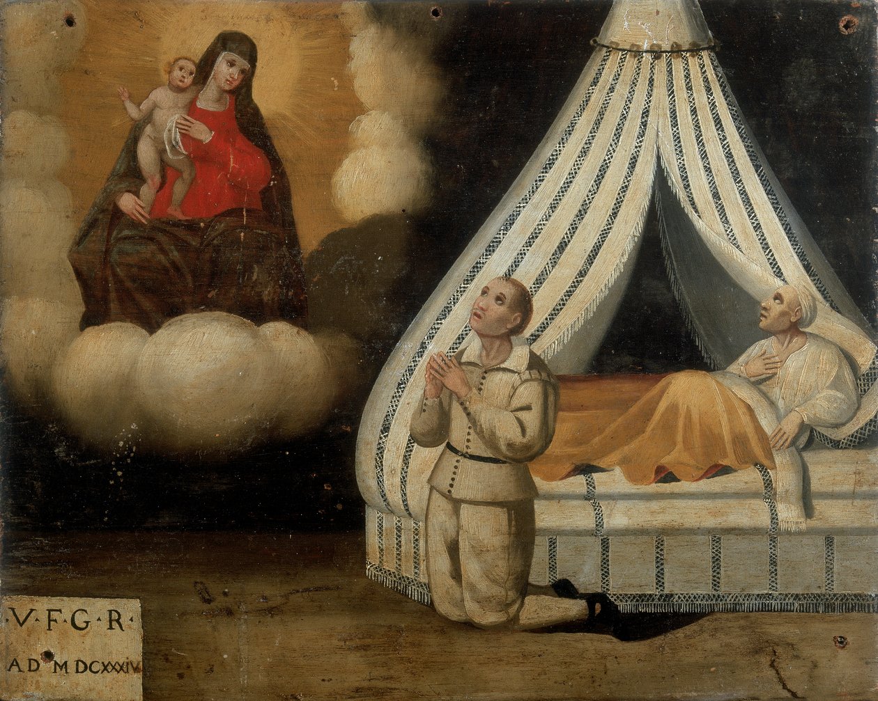 Ein Mann im Bett während einer Krankheit; links derselbe Mann, der zur Madonna des Bogens für die erhaltene Gnade betet, Ex-voto, 1603 von Italian School