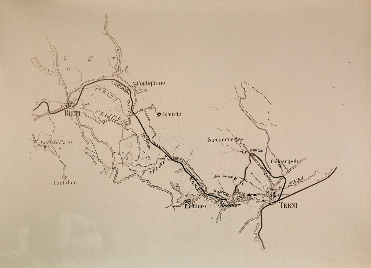 Societa Italiana für die südlichen Eisenbahnstrecken: Karte der Terni-Rieti Eisenbahnlinie, 1883 von Italian School