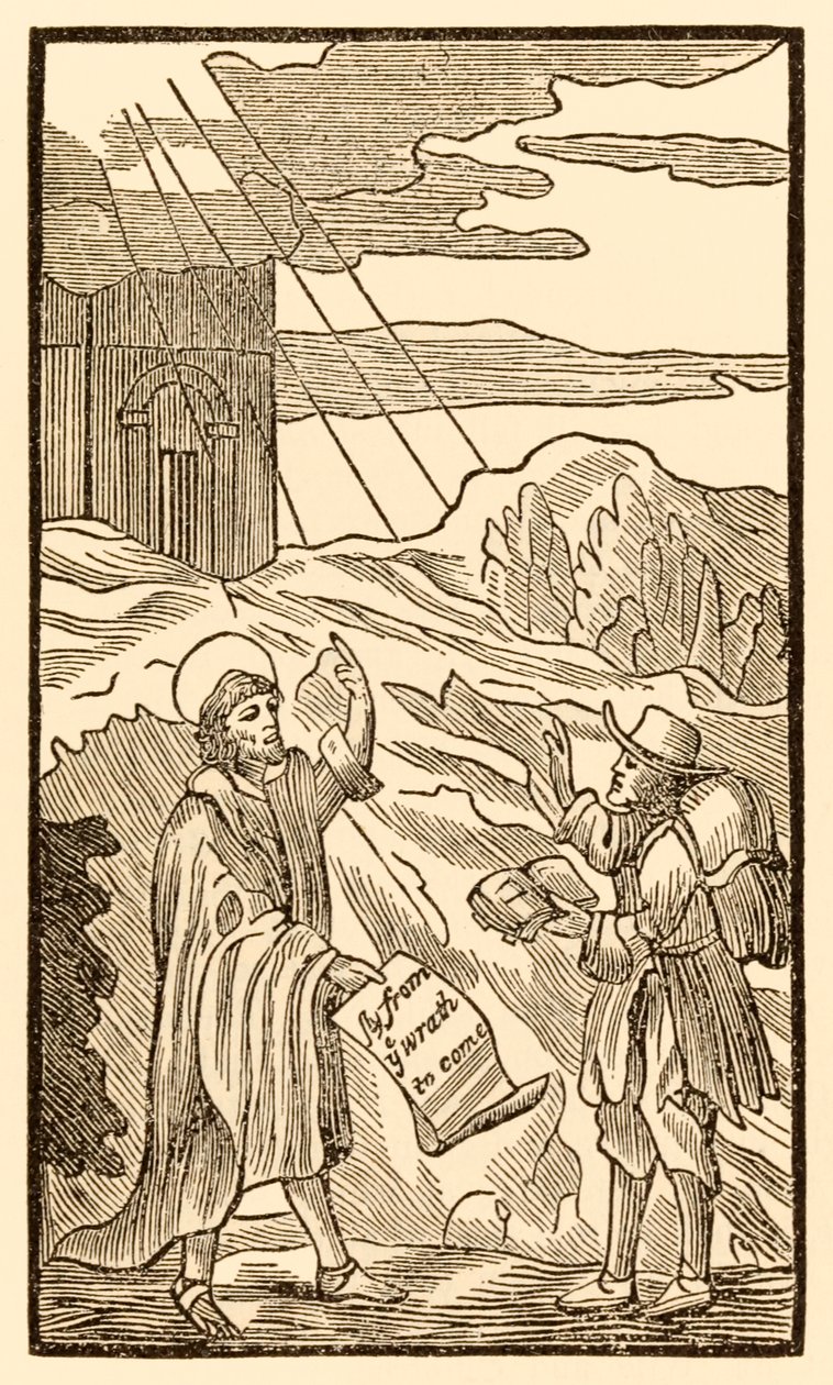 Christian verlässt die Welt und trifft sofort auf den Evangelisten aus The Pilgrims Progress From This World, To That Which Is To Come von John Bunyan (1628-1688) von Unknown