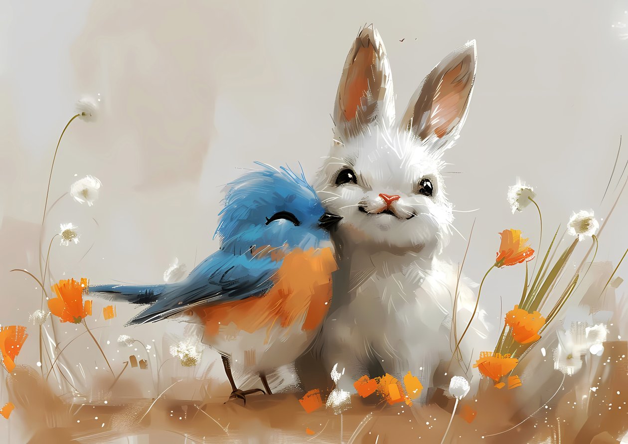 Niedlicher Vogel und Kaninchen Manga-Zeichnung von F. Abderrahim