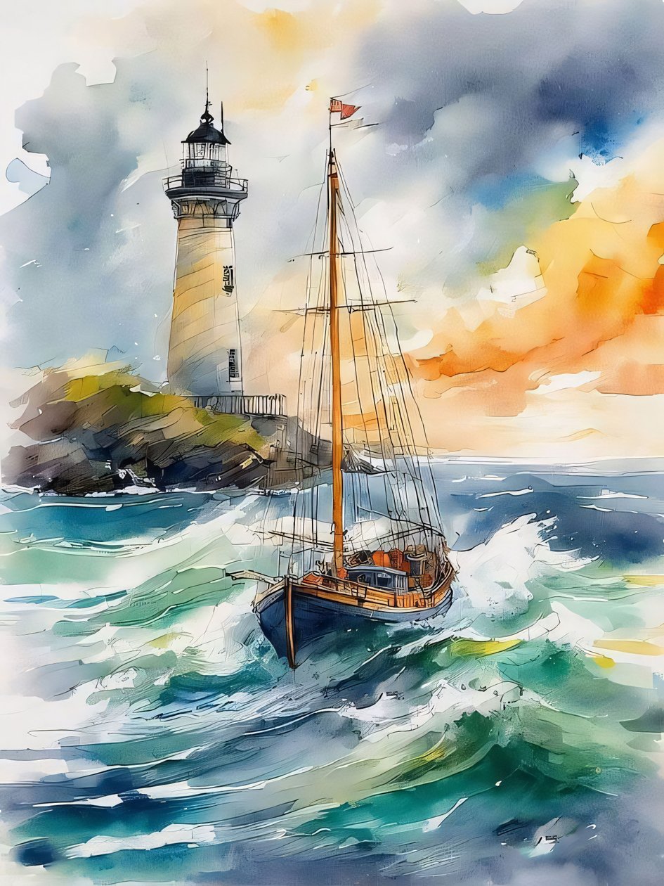 Ein Leuchtturm, Wellen & ein Boot im Meer, moderne Wanddekoration von F. Abderrahim