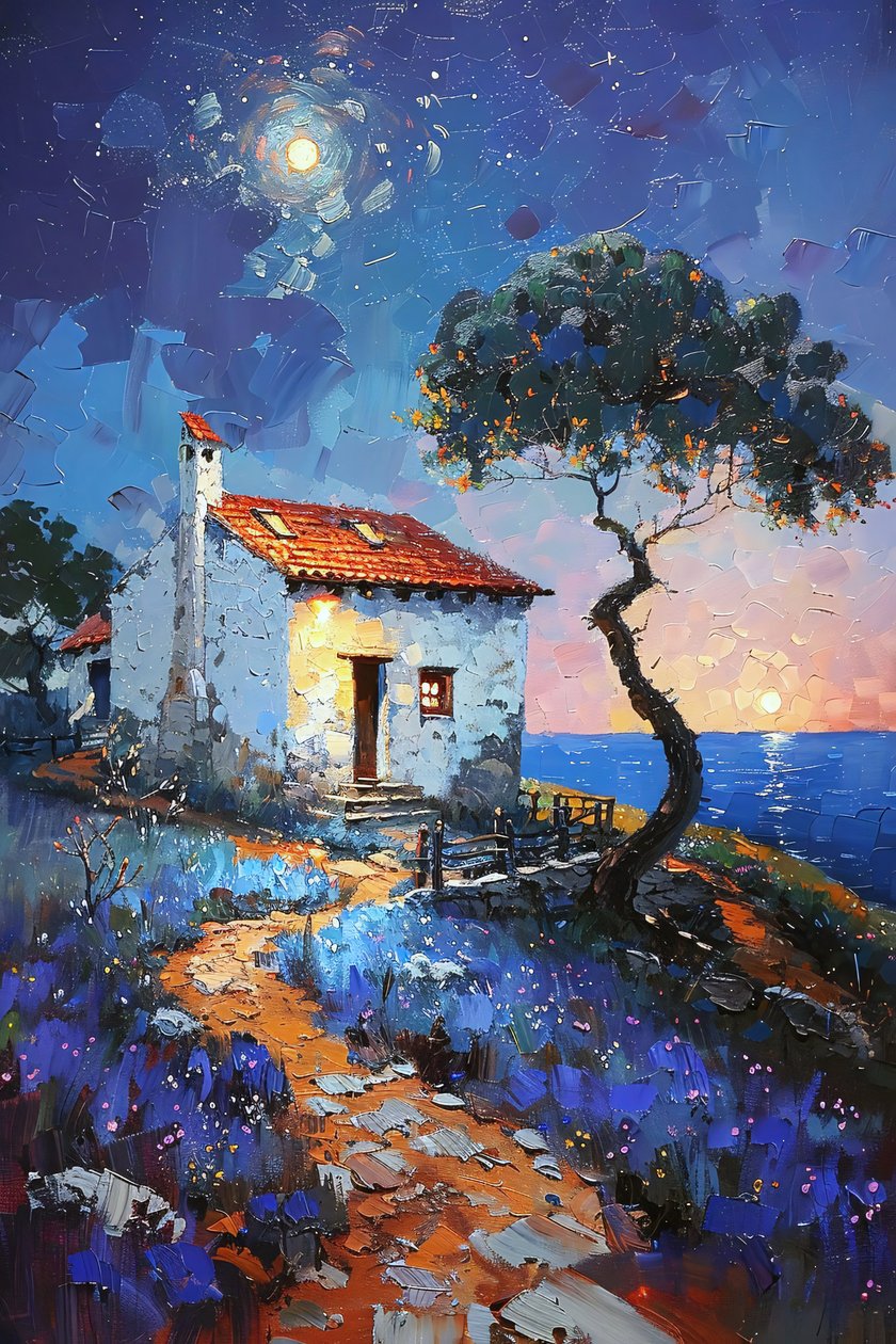 Ferienhaus mit Blick auf das Meer unter dem Mondlicht, Landschaften von Portugal von F. Abderrahim