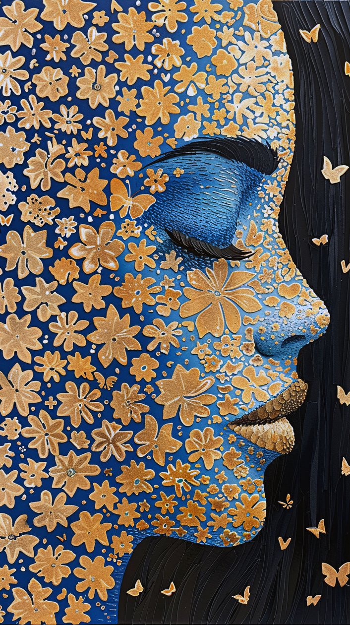 Frau Gesicht, Goldfolie Robotic Rangoli Flower Power, Wanddekoration Ideen von F. Abderrahim