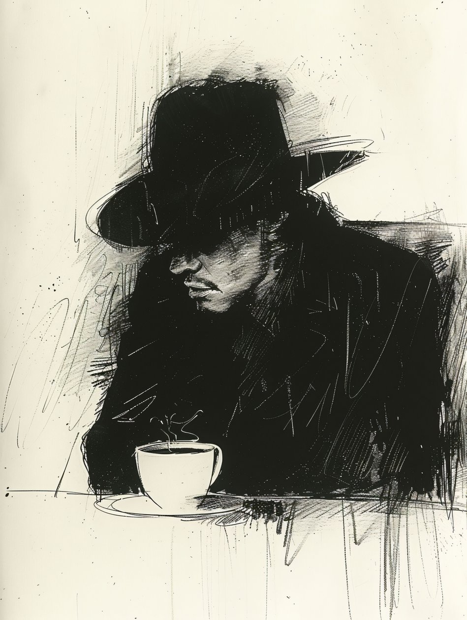 Schwarze minimalistische Skizze eines Kaffee trinkenden Mannes, Wanddekoration | Print on Demand von F. Abderrahim