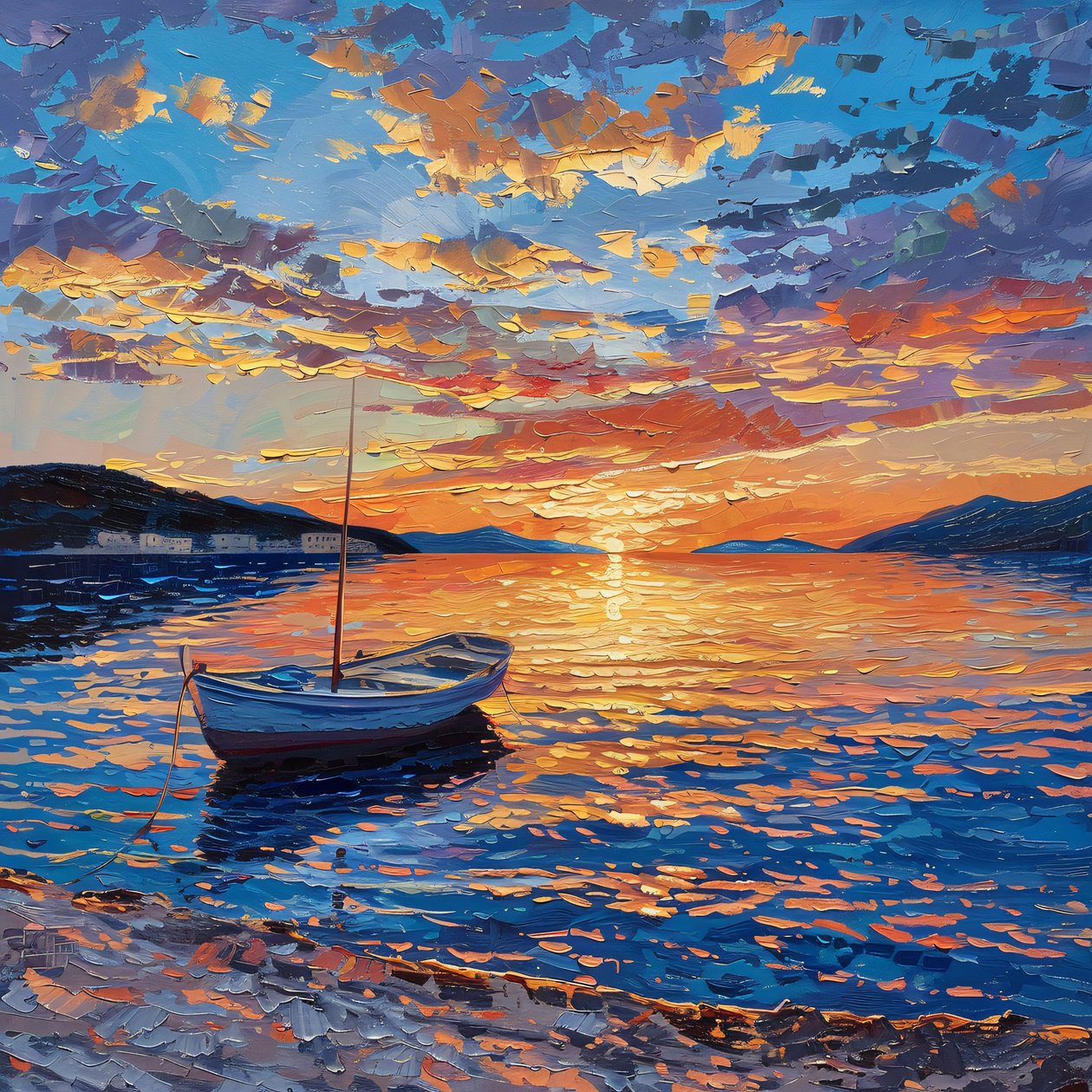 Boot auf Fluss bei Sonnenuntergang Schön, Dalmatien, Kroatien Öl auf Leinwand, Wanddekoration zum Verkauf von F. Abderrahim