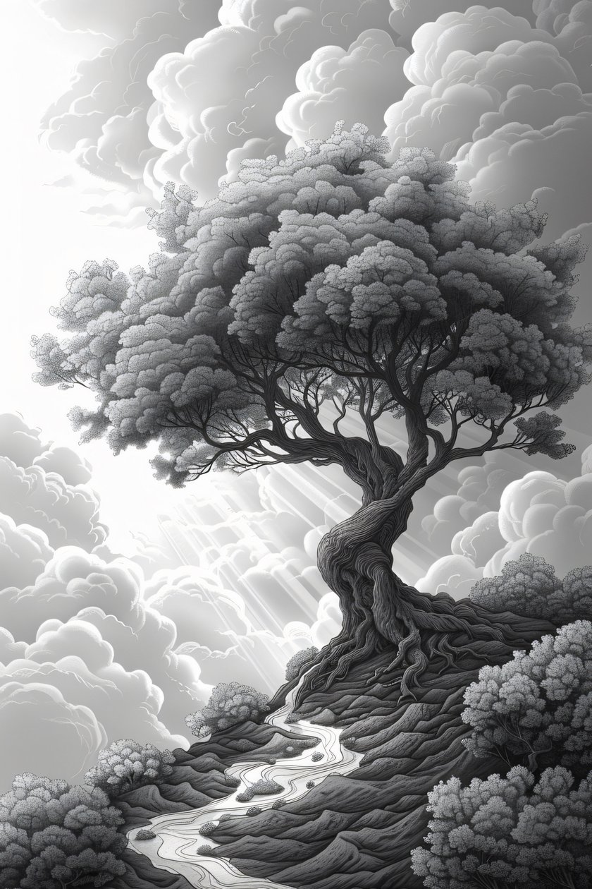 Majestätische Felsformation, Naturportal, dramatischer Sturm und Baum, gerahmtes Wanddekor, von F. Abderrahim
