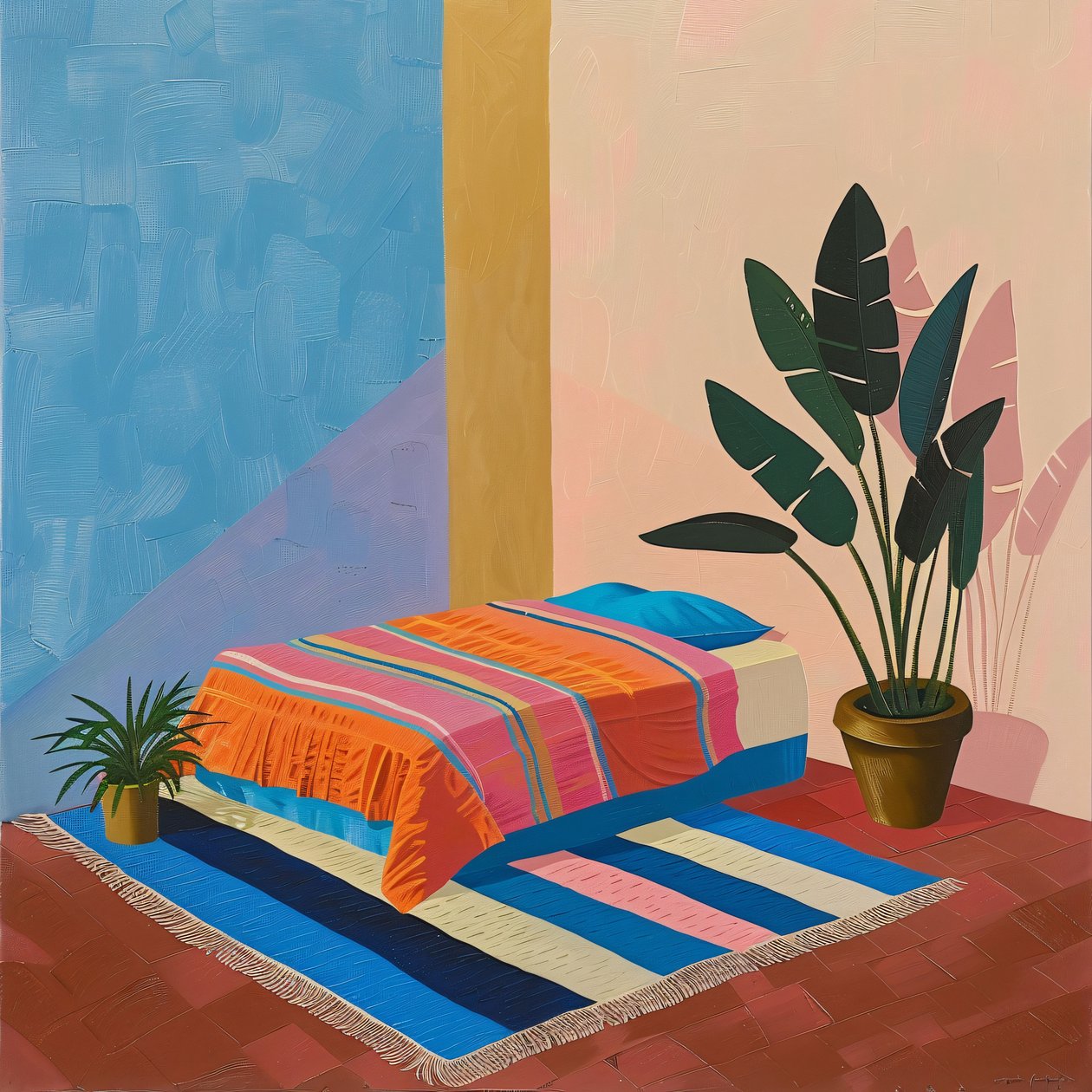 Minimalistisches mexikanisches Bett im Stil von David Hockney, Wandkunstdrucke auf Anfrage von F. Abderrahim