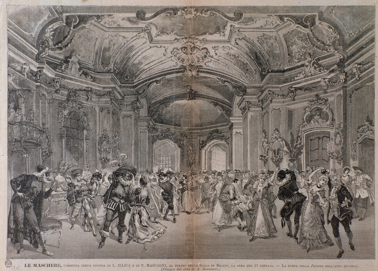 Illustrationen für die Oper Le Maschere von Pietro Mascagni für die Aufführung im Teatro alla Scala in Mailand von A. (after) Bonamore