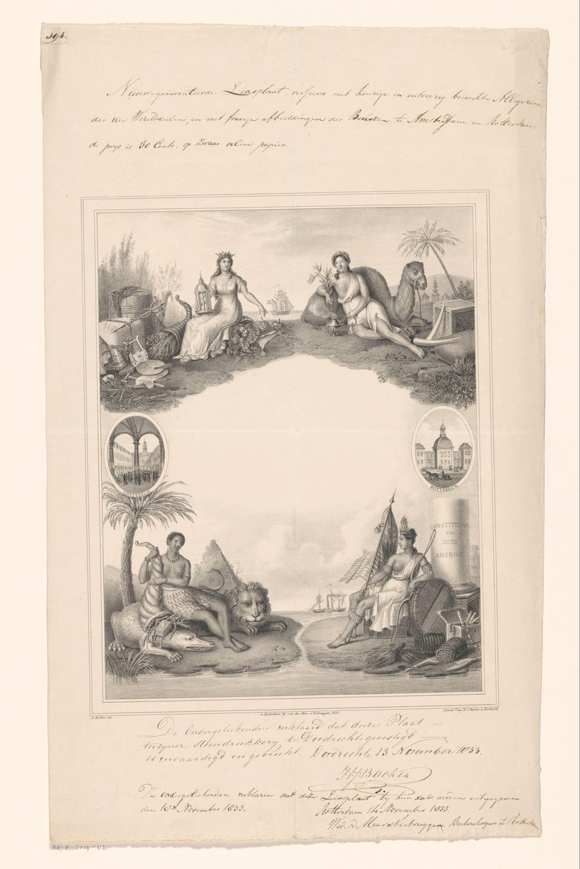 Entwurf für eine Titelseite mit Personifikationen der vier Kontinente von A. Bakker