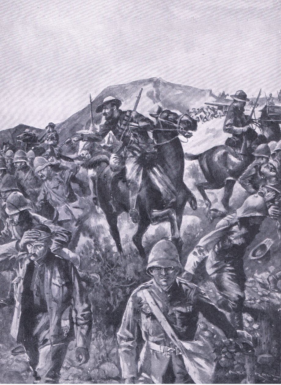 Britische Gefangene als Schutzschild während die Buren ein Marinegeschütz entfernten, aus After Pretoria: Der Guerillakrieg veröffentlicht von Harmsworth Bros Limited, 1901 von A. C. Ball
