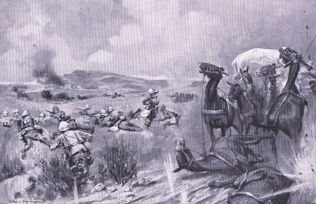 Der Angriff auf den Konvoi bei Buffelspoort, Illustration aus After Pretoria: The Guerilla War, 1902 von A. C. Ball