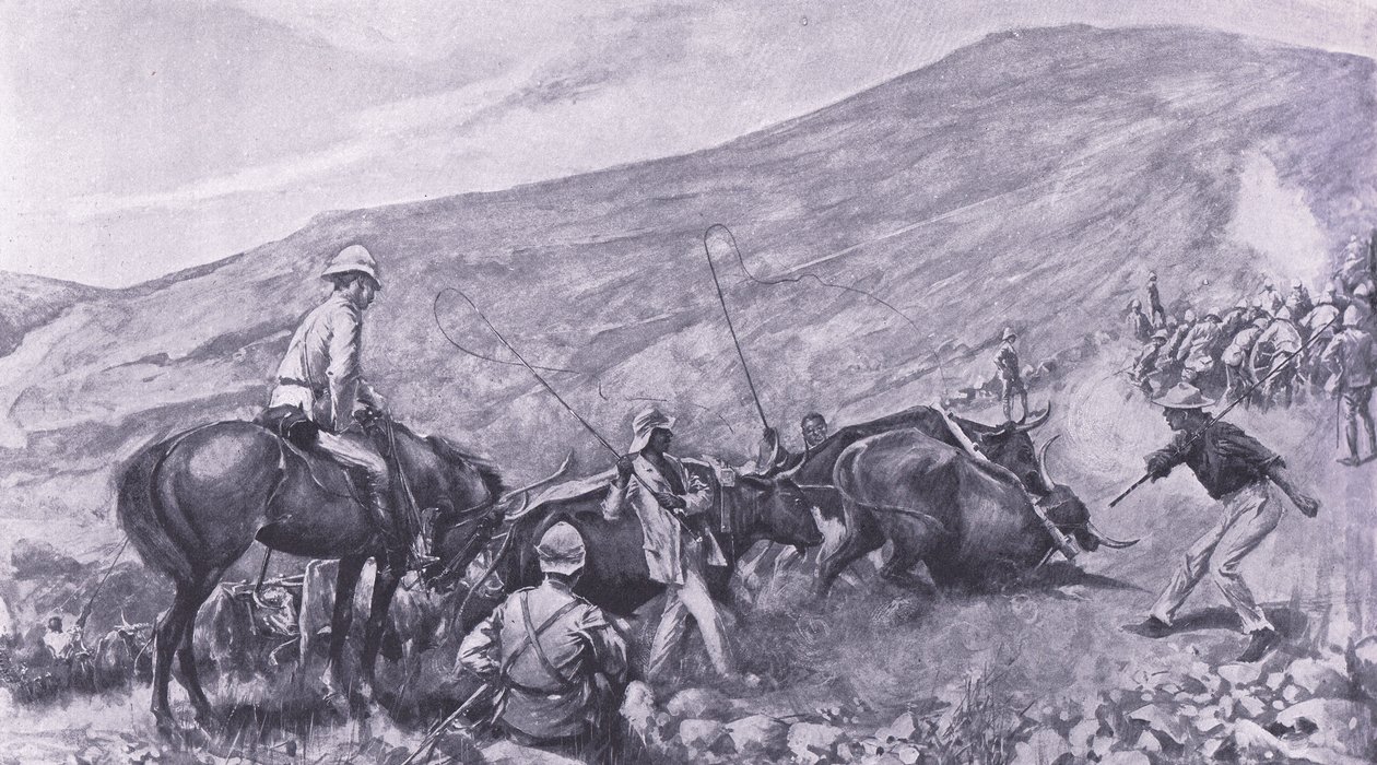 Transportprobleme in Barberton: Wie die Kanonen und Wagen die Berge hinaufgebracht wurden, Illustration aus After Pretoria: The Guerilla War, 1902 von A. C. Ball