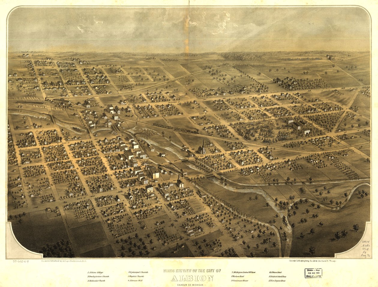 Vogelperspektive der Stadt Albion, Calhoun Co., Michigan von A.; Chicago Lithographing Co. Ruger