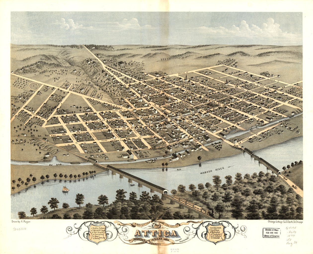 Vogelperspektive der Stadt Attica, Fountain County, Indiana 1869 von A.; Chicago Lithographing Co. Ruger