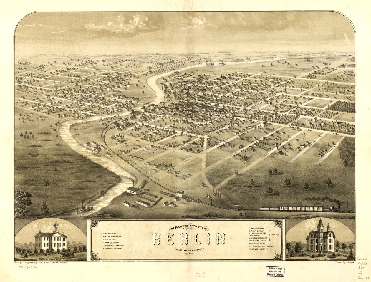 Vogelperspektive der Stadt Berlin, Green Lake Co., Wisconsin 1867 von A.; Chicago Lithographing Co. Ruger