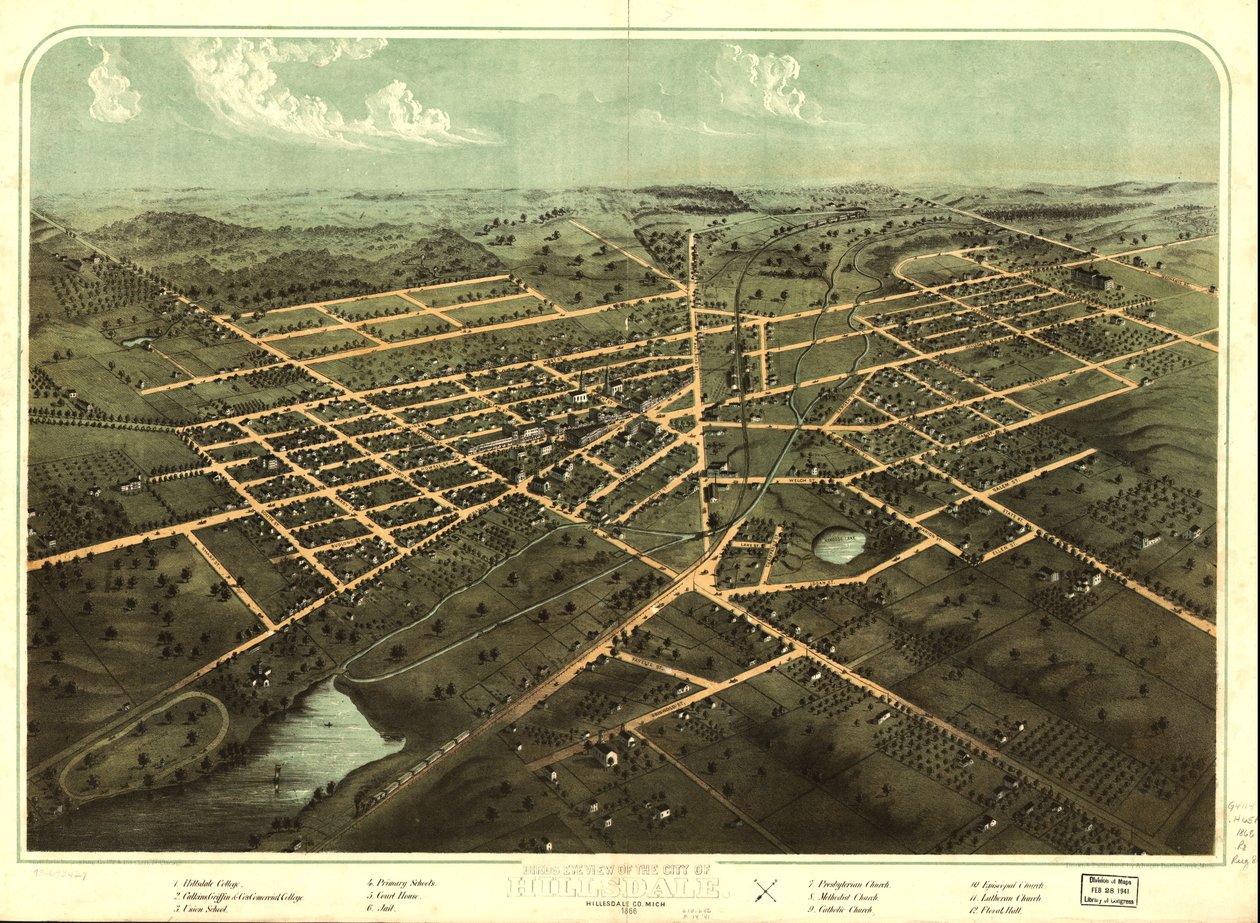 Vogelperspektive der Stadt Hillsdale, Hillsdale Co., Michigan 1866 von A.; Chicago Lithographing Co. Ruger