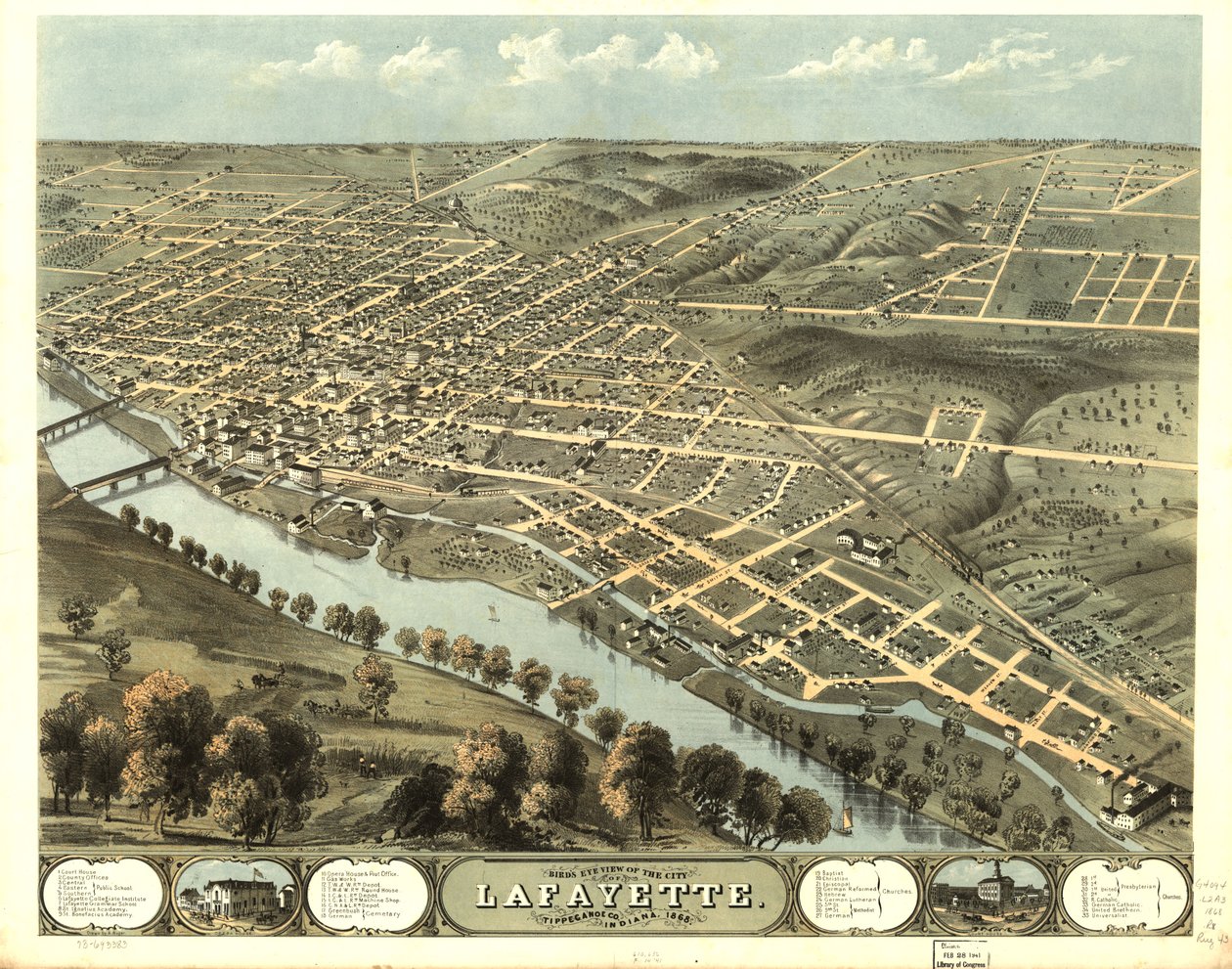 Vogelperspektive der Stadt Lafayette, Tippecanoe Co., Indiana 1868 von A.; Chicago Lithographing Co. Ruger