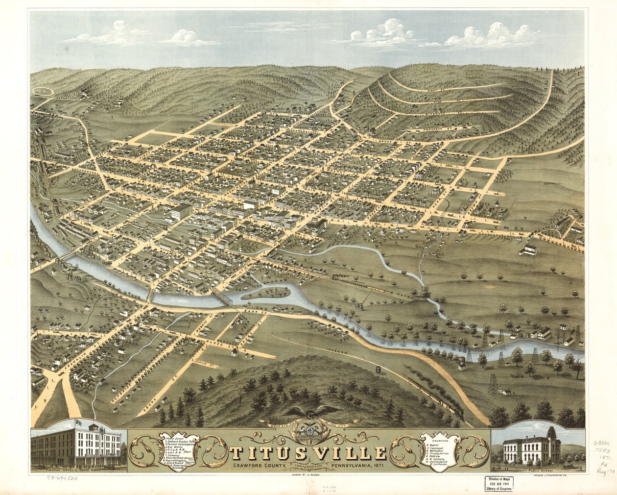 Vogelperspektive der Stadt Titusville, Crawford County, Pennsylvania 1871 von A.; Chicago Lithographing Co. Ruger