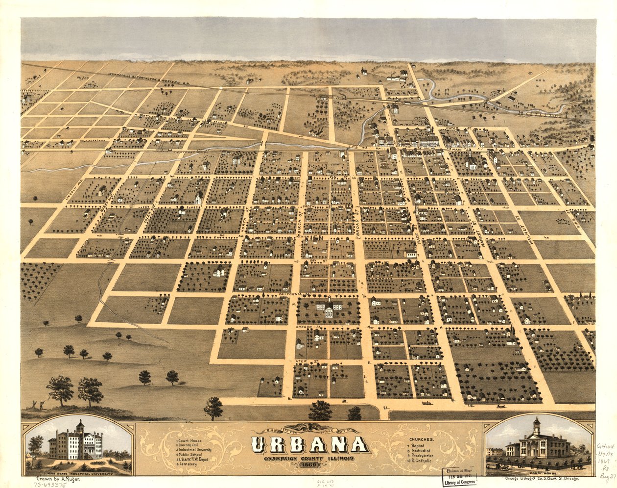 Vogelperspektive der Stadt Urbana, Champaign County, Illinois 1869 von A.; Chicago Lithographing Co. Ruger