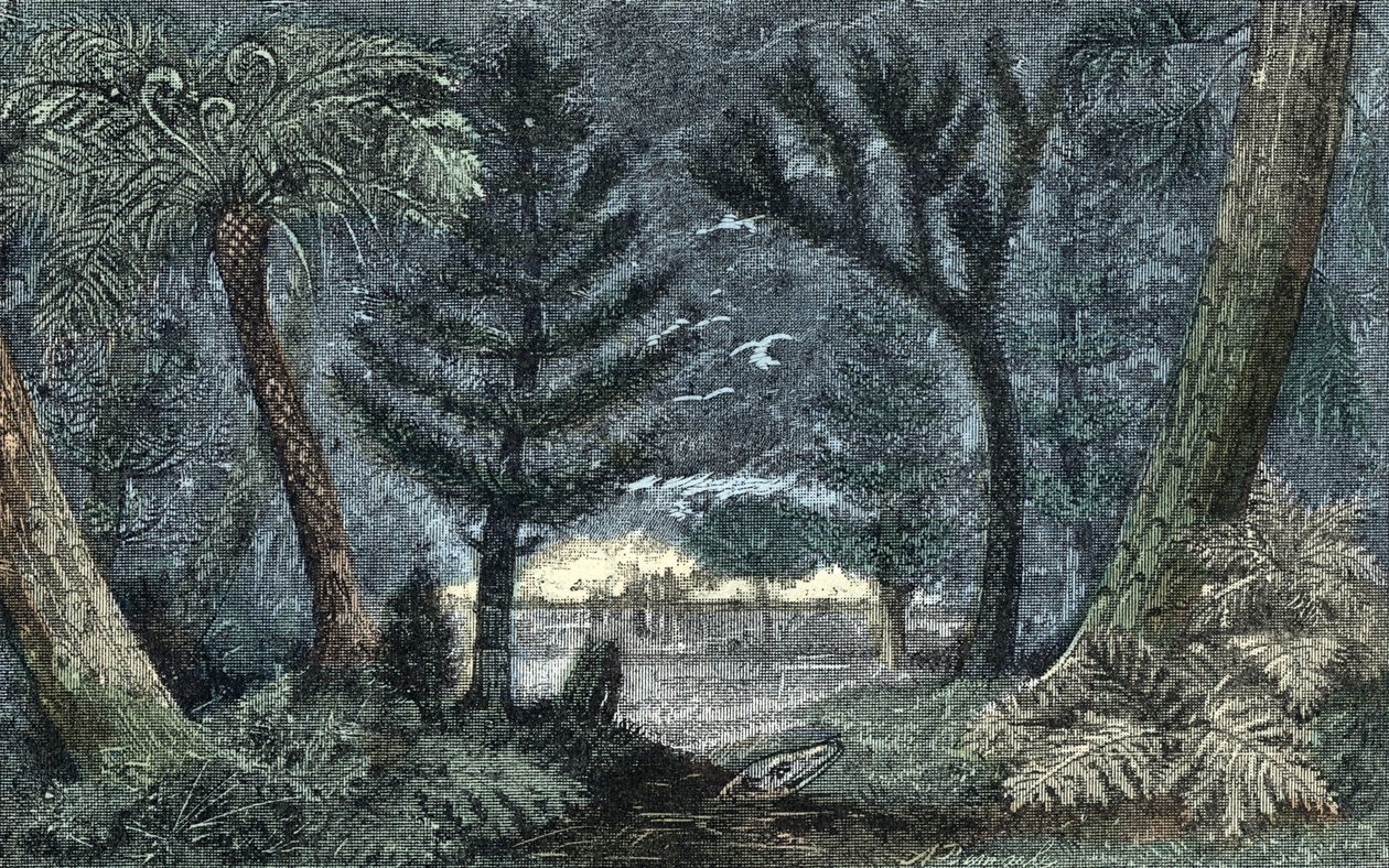 Urgeschichte: charakteristische Landschaft mit Sumpf und Wald von A. Demarle