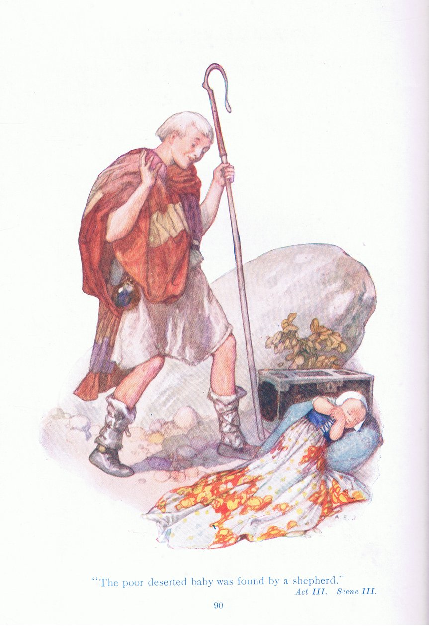 Das arme verlassene Baby wurde von einem Schäfer gefunden (Das Wintermärchen), aus Geschichten aus Shakespeare, veröffentlicht von Ward Lock & Co Ltd von A. Jackson