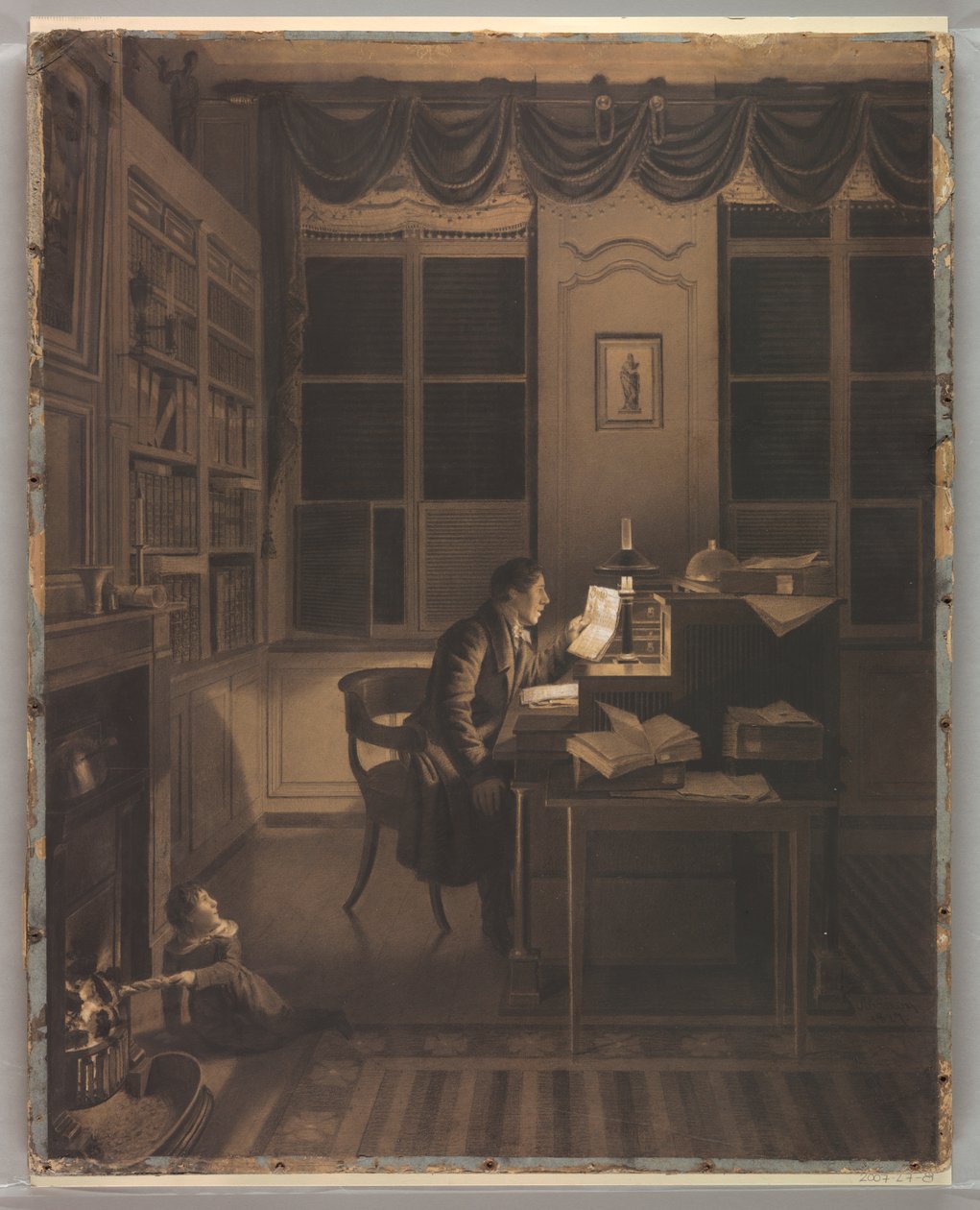 Innenansicht mit einem Mann, der an seinem Schreibtisch liest, 1827 von A. L. Leroy