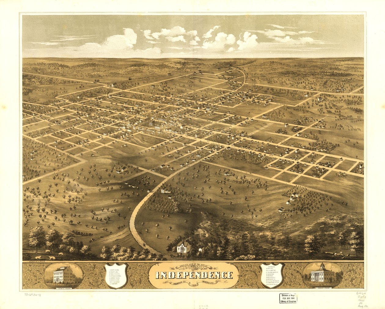 Vogelperspektive der Stadt Independence, Jackson Co., Missouri 1868 von A. Ruger