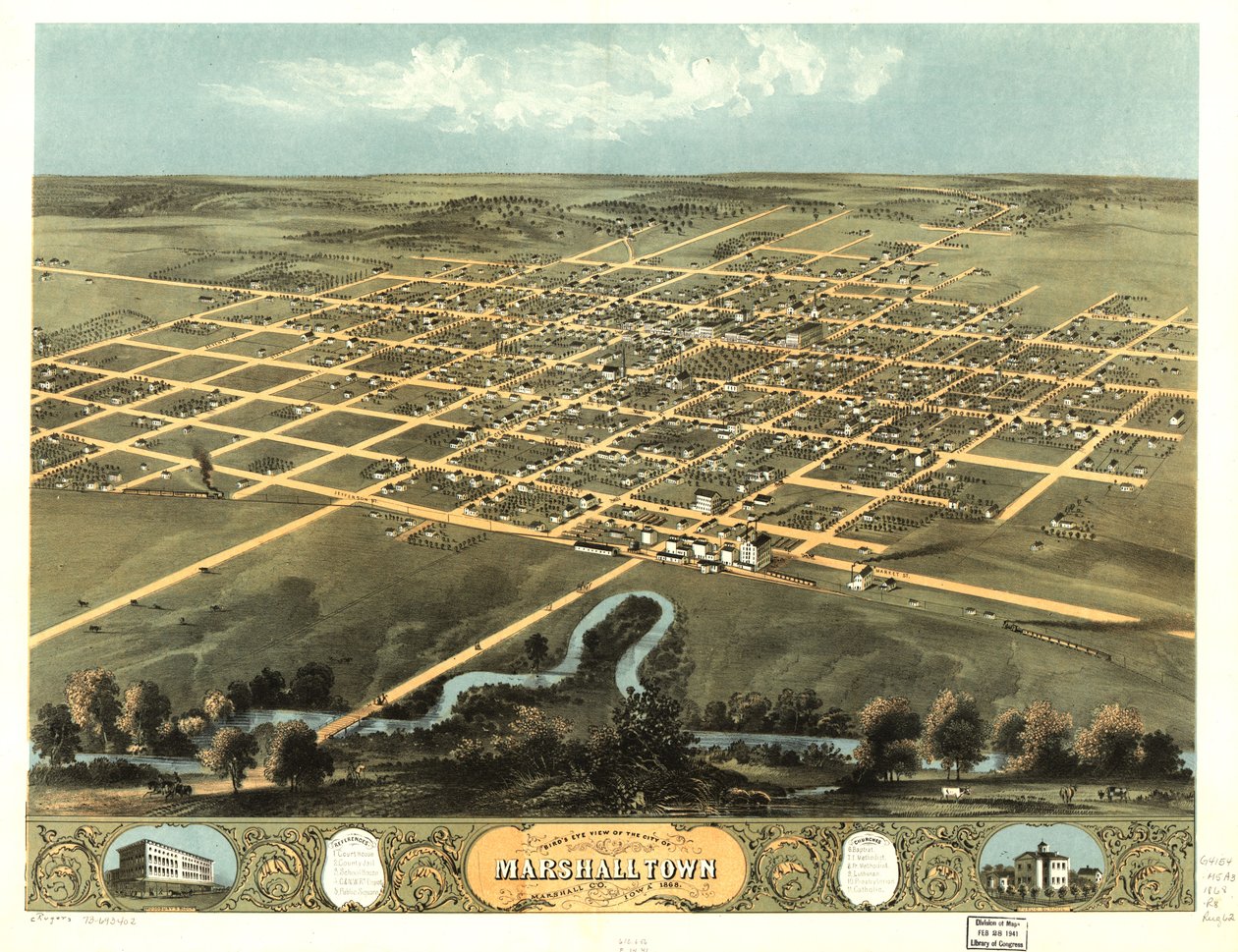 Vogelperspektive der Stadt Marshalltown, Marshall Co., Iowa 1868 von A. Ruger