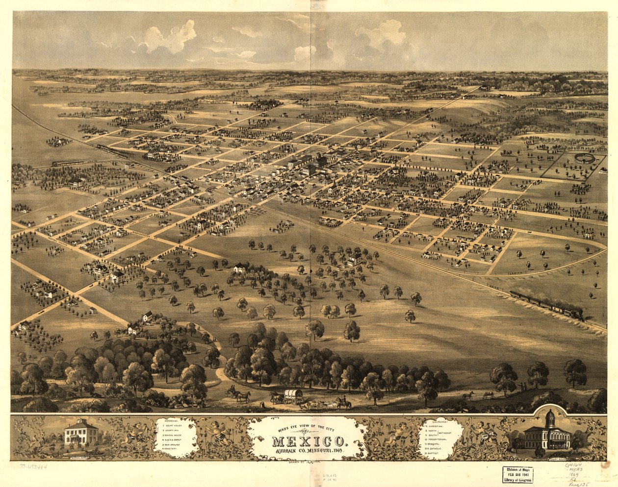 Vogelperspektive der Stadt Mexiko, Audrian Co., Missouri 1869 von A. Ruger