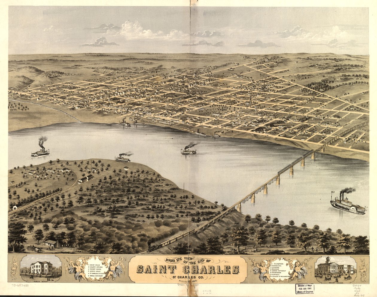 Vogelperspektive der Stadt Saint Charles, St. Charles Co., Missouri 1869 von A. Ruger