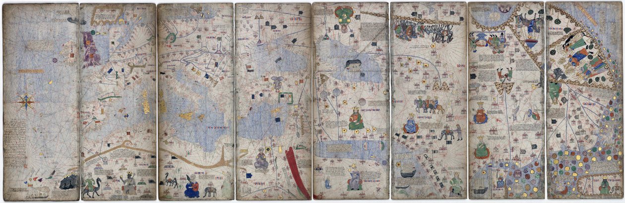 Montage von 8 Seiten aus dem Katalanischen Atlas von Cresques; die damals bekannte Welt von Abraham Cresques