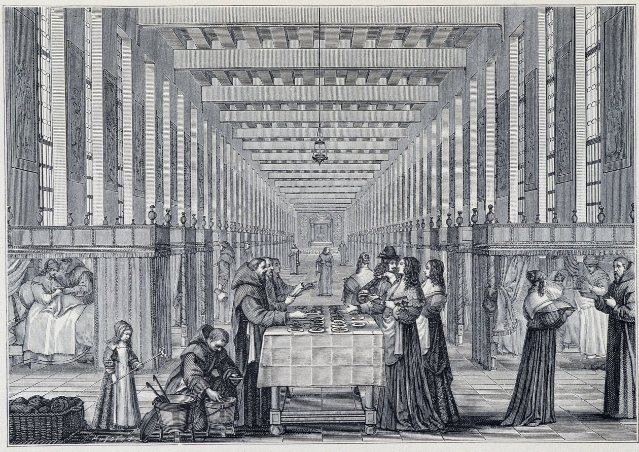 Innenansicht der Krankenstation des Hôpital de la Charité (auch genannt das Krankenhaus der Frères-de-Saint-Jean-de-Dieu) in Paris - Gravur nach Abraham Bosse (1602-1676) - veröffentlicht in „17. Jahrhundert - Institutionen: Bräuche und Kostüme, Frankreich von Abraham (after) Bosse