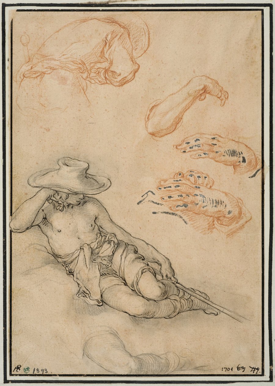 Ein ruhender Schäfer, separate Studien seines Beins und Arms, ein Mann von hinten gesehen und zwei Hände von Abraham Bloemaert