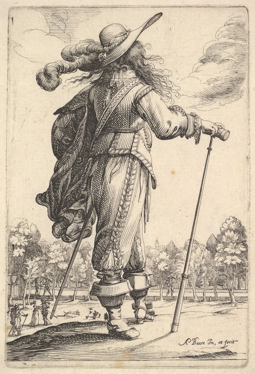 Ein Herr, von hinten gesehen, geht nach rechts mit einem Stock und trägt einen Federhut ..., 1629 von Abraham Bosse
