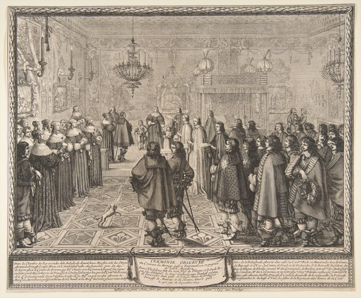 Zeremonie des Ehevertrags zwischen Władysław IV., König von Polen, und Marie Louise Gonzaga, Prinzessin von Mantua, in Fontainebleau von Abraham Bosse