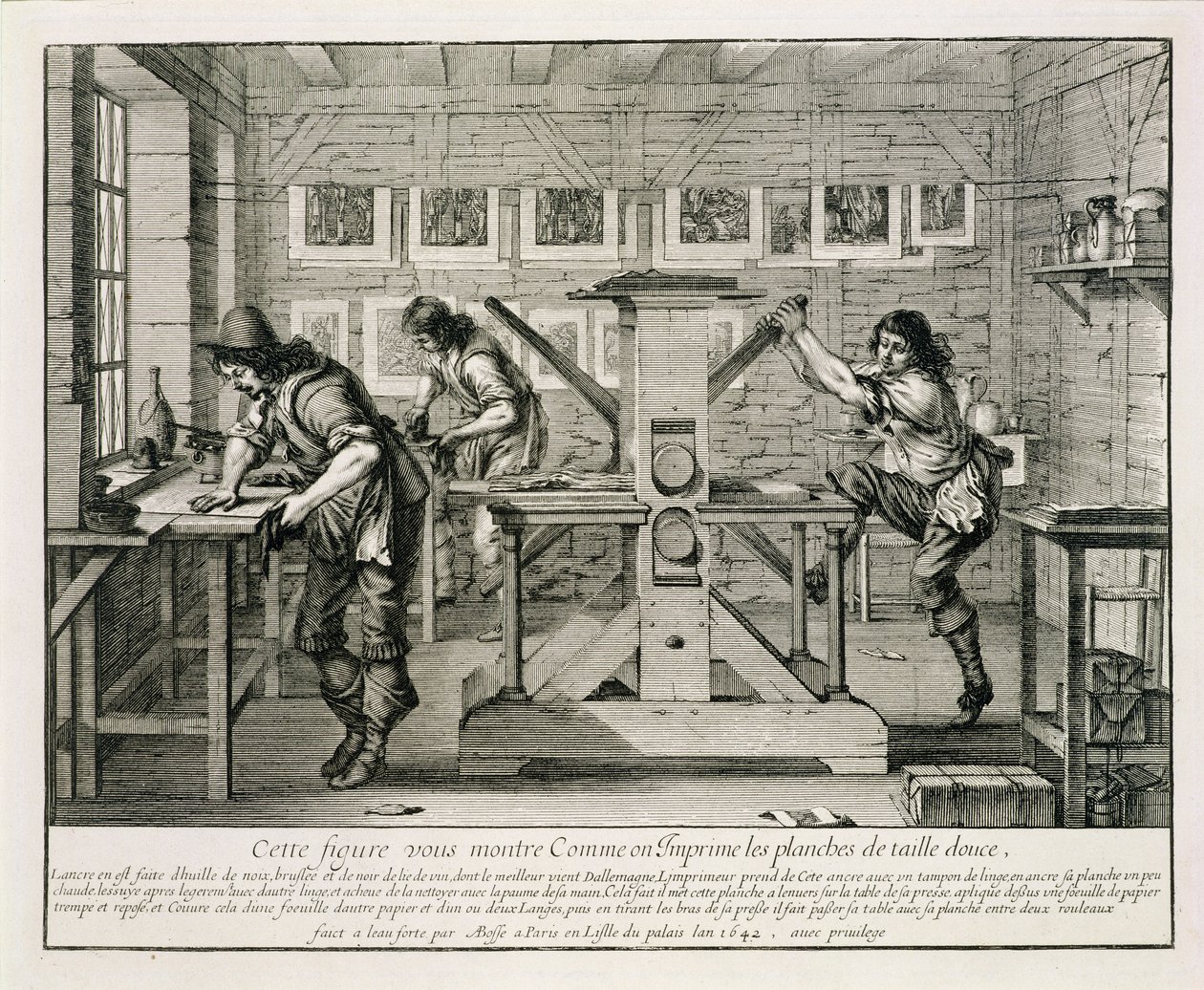 Französische Druckerpresse, 1642 von Abraham Bosse