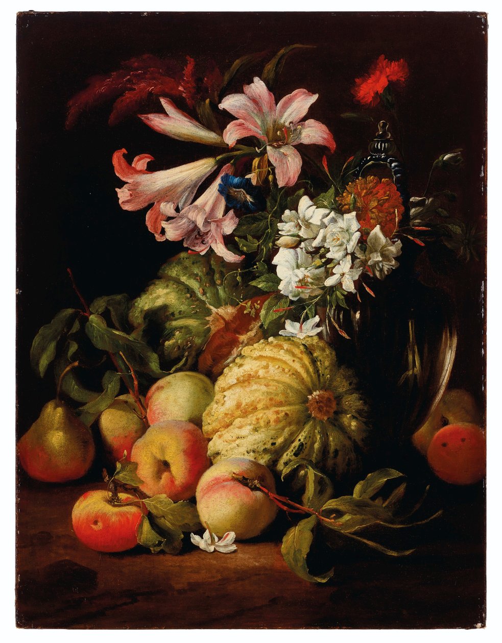 Lilien und andere Blumen in einer Glasvase mit Pfirsichen und Melonen von Abraham Brueghel