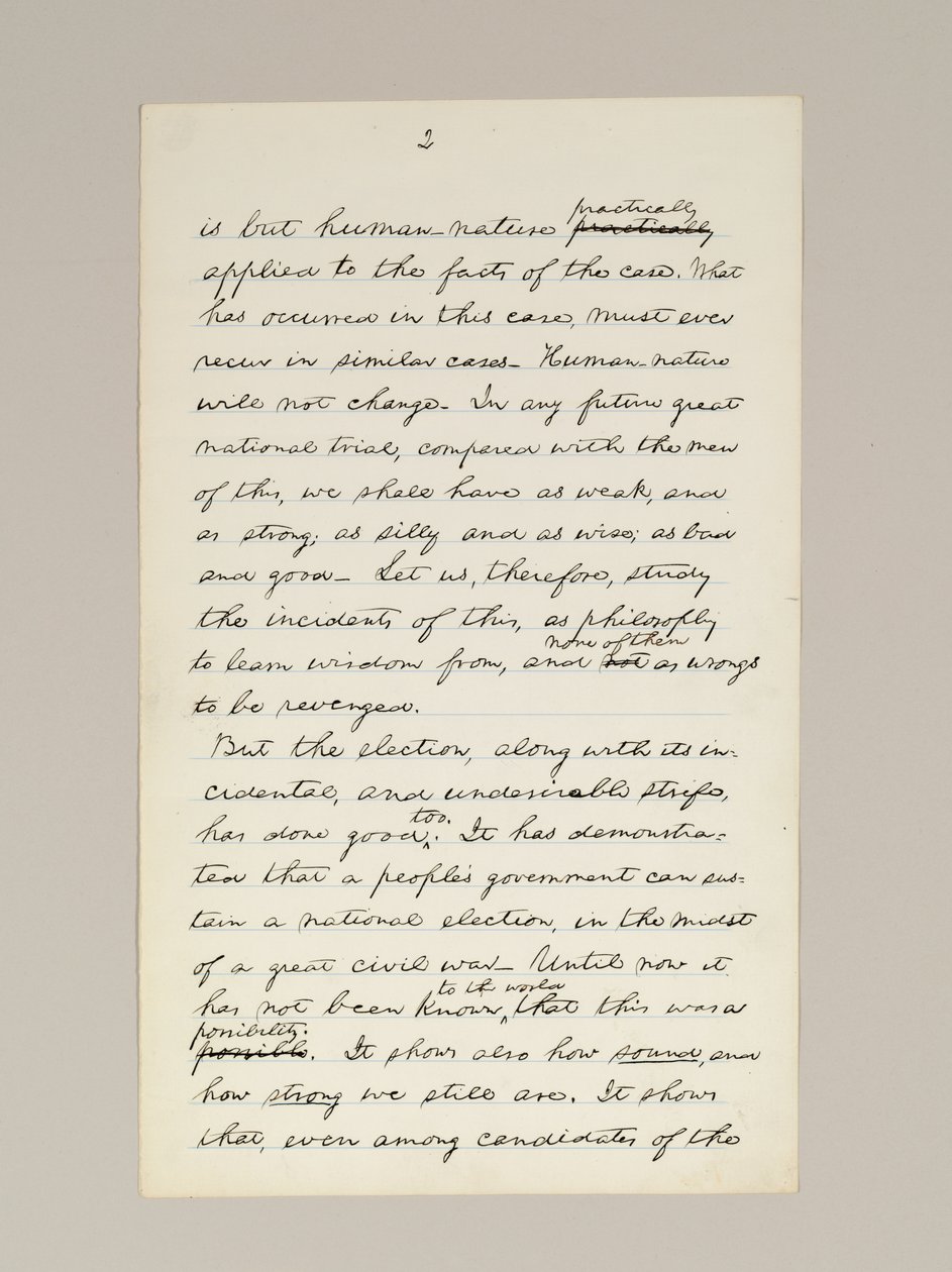 Autographes Manuskript von Lincolns Wahlsieg-Rede als Präsident, gehalten in Washington D.C., aus dem Fenster des Weißen Hauses am Abend des 10. November von Abraham Lincoln