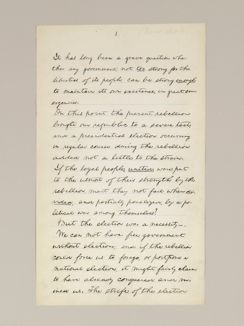 Autographes Manuskript von Lincolns Wahlsieg-Rede als Präsident, gehalten in Washington D.C., aus dem Fenster des Weißen Hauses am Abend des 10. November von Abraham Lincoln