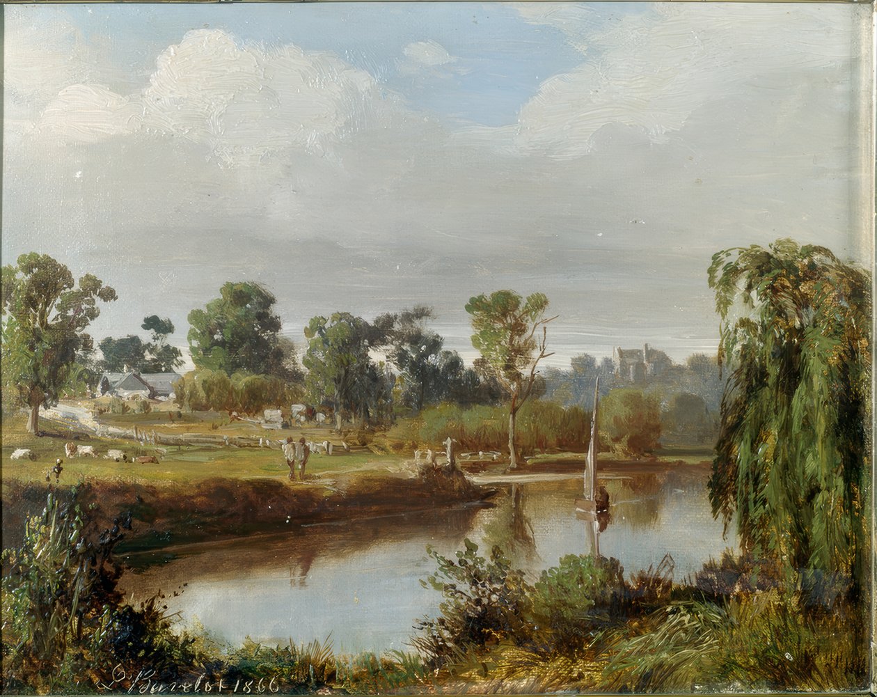 Fluss mit Segelboot (Australische Landschaft, Melbourne-Gegend) von Abraham Louis Buvelot