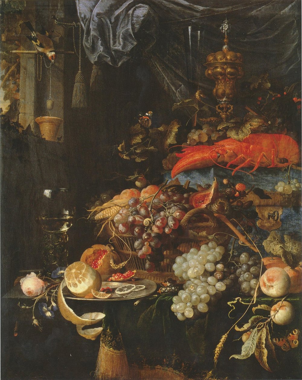 Stillleben mit Früchten, einem Hummer und einem Stieglitz von Abraham Mignon