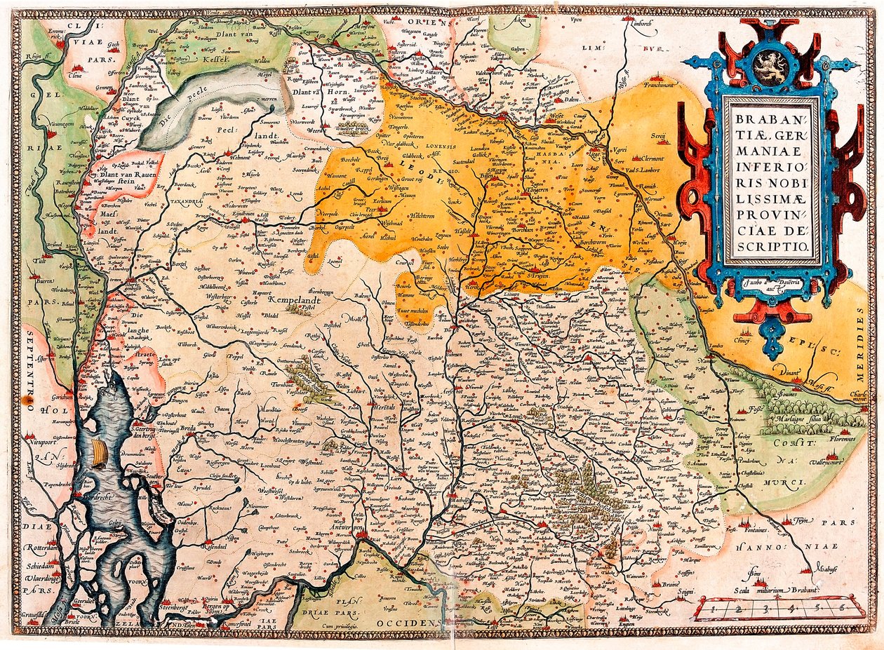Brabantiae Germaniae Inferioris Nobilissimmae Provinciae Descriptio Geographiekarte des Territoriums südlich der Niederlande Germanic (Kempeland) aus „Theatrum Orbis Terrarum“ von Abraham Ortelius von Abraham Ortelius