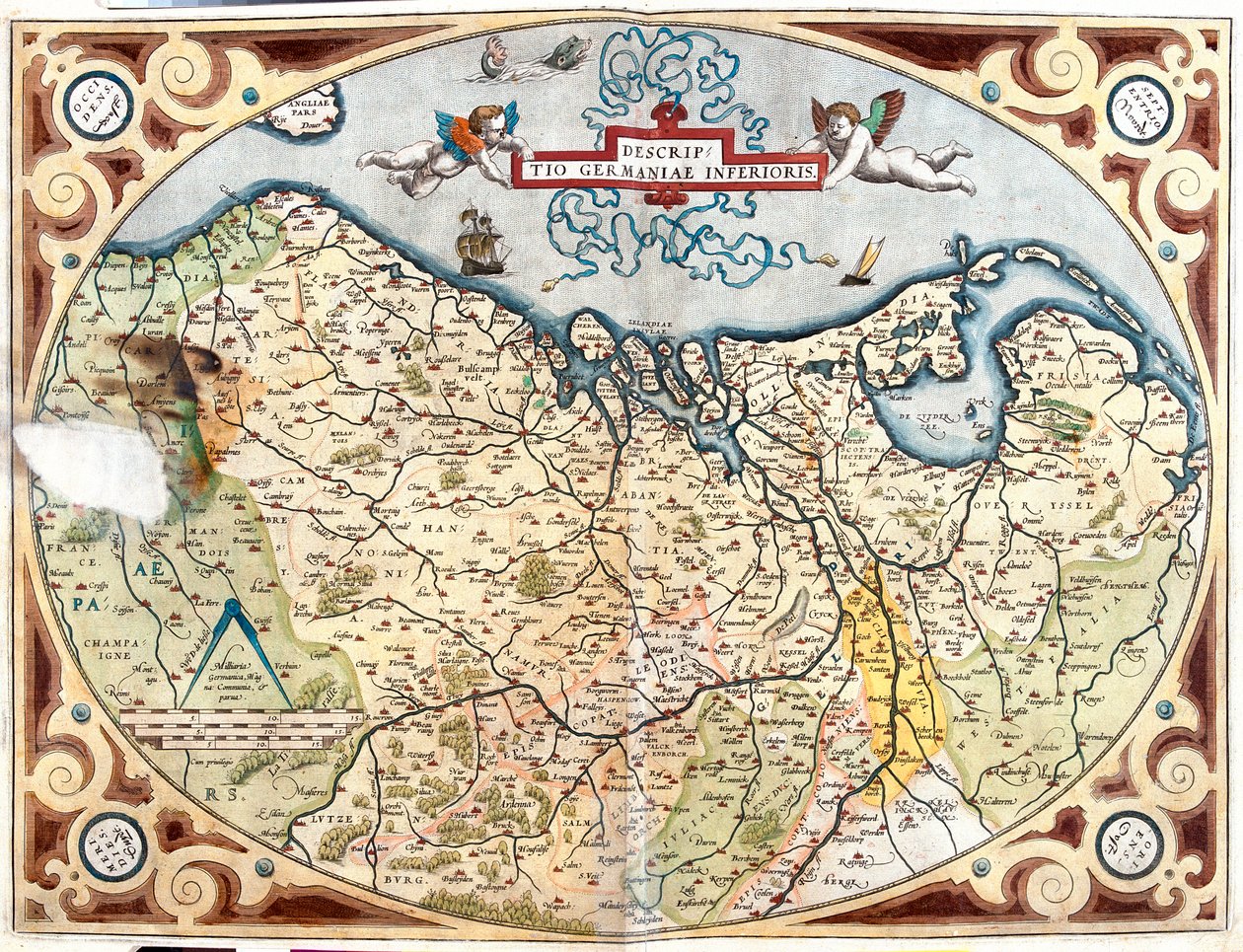 Frankreich (Region: Obere Normandie, Picardie, Nord-Pas-de-Calais, Île-de-France, Champagne-Ardenne, Lothringen), Belgien, Holland, Deutschland (Bundesland: Niedersachsen, Nordrhein-Westfalen, Rheinland-Pfalz, Saarland), Luxemburg von Abraham Ortelius