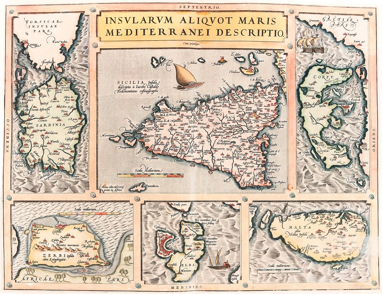 Insularum Aliquot Maris Mediterranei Descriptio. Geographische Karte der Mittelmeerinseln Sizilien, Sardinien, Korfu, Malta, Djerba und Elba aus „Theatrum Orbis Terrarum“ von Abraham Ortelius von Abraham Ortelius