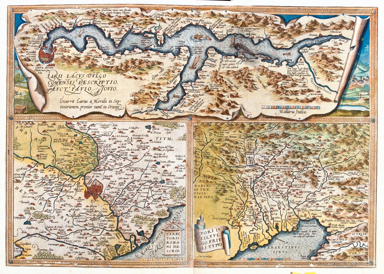 Comer See (Italien; Region: Lombardei), Rom (Italien; Region: Latium), Golf von Triest (Italien: Region Friaul-Julisch Venetien; Slowenien: traditionelle Region Slowenisches Küstenland; Kroatien: Istrien) von Abraham Ortelius
