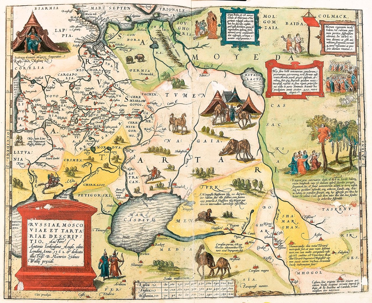 Russiae, Moscoviae und Tartariae descriptio. Auctore Antonio Ienkensono Anglo, edita Londini anno 1562 Geographische Karte des Gebiets von Russland aus „Theatrum Orbis Terrarum“ von Abraham Ortelius (Oertel, Ortell oder Ortel) von Abraham Ortelius
