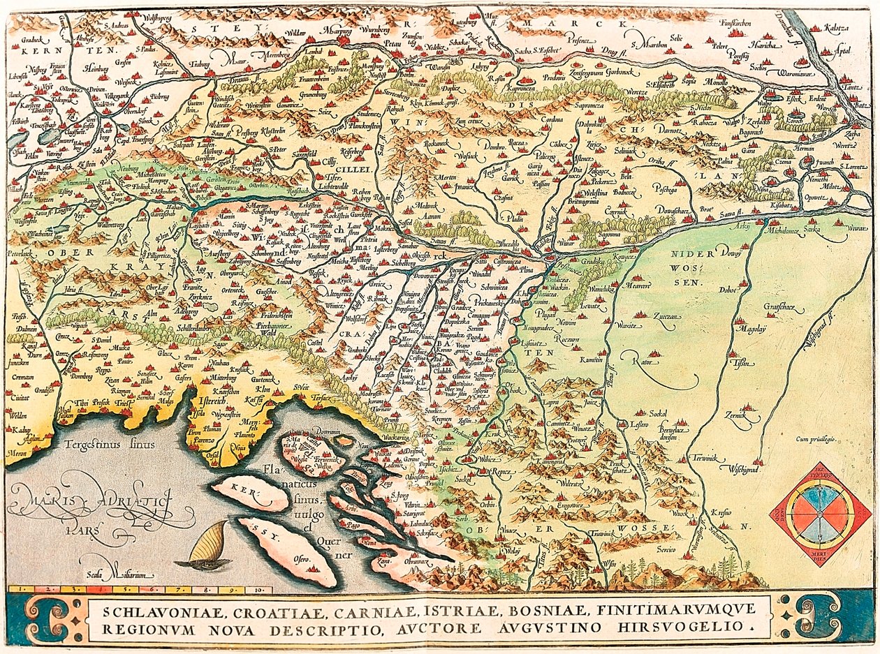 Schlavoniae, Croatiae, Carniae, Istriae, Bosniae, Finitimarumque Regionum Nova Descriptio, Auctore Augustino Hirsuogelio. Geographische Karte der Gebiete von Slawonien, Kroatien, Bosnien und Dalmatien aus „Theatrum Orbis Terrarum“ von Abraham Ortelius (Oer von Abraham Ortelius